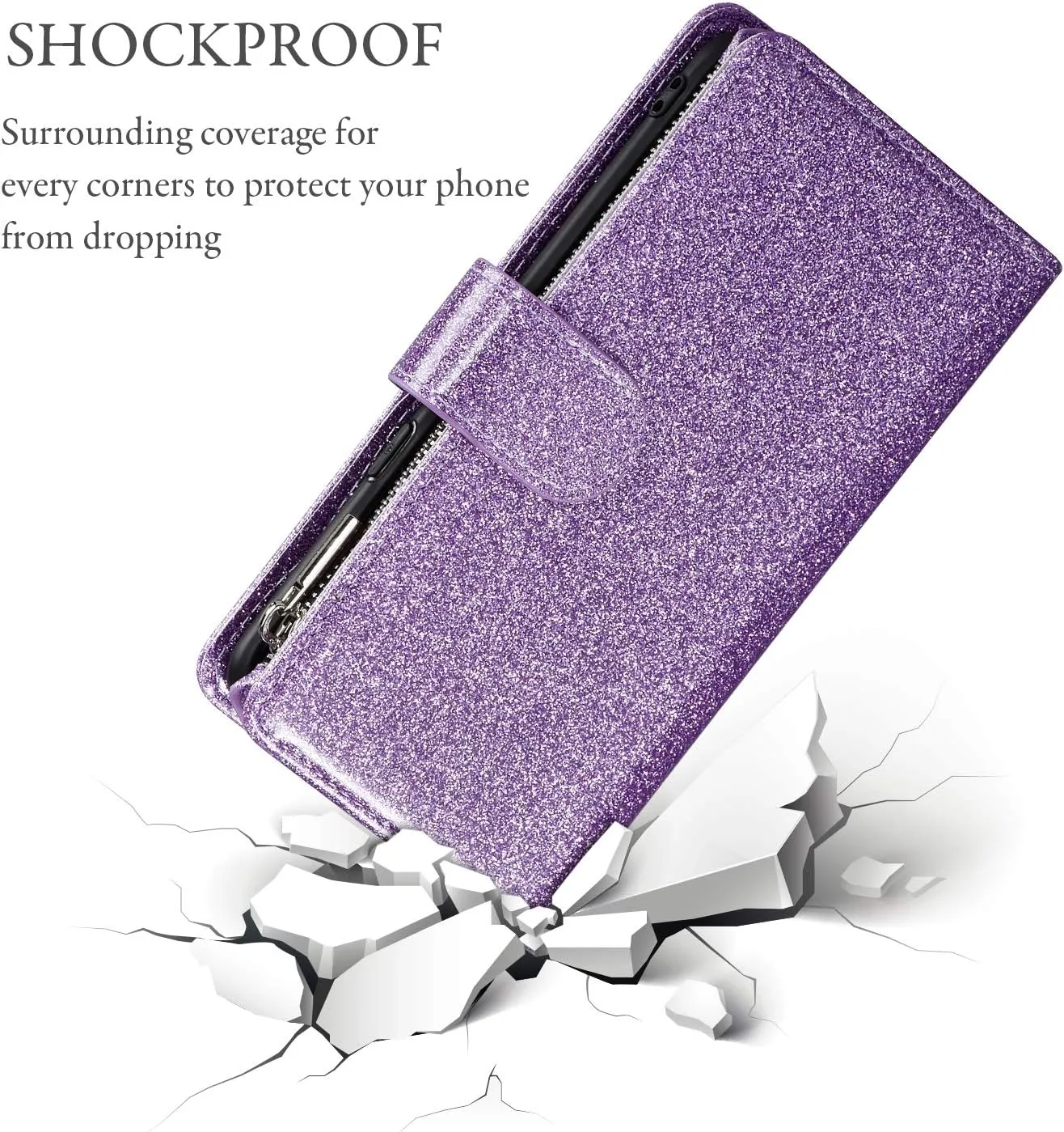 UEEBAI Wallet Case for Samsung Galaxy S8 Plus, PU Leather Case Magnetic Closure Handbag Zipper Pocket Case Kickstand Card Slots with Hand Strap Marple Flip Case for Women - Glitter Purple