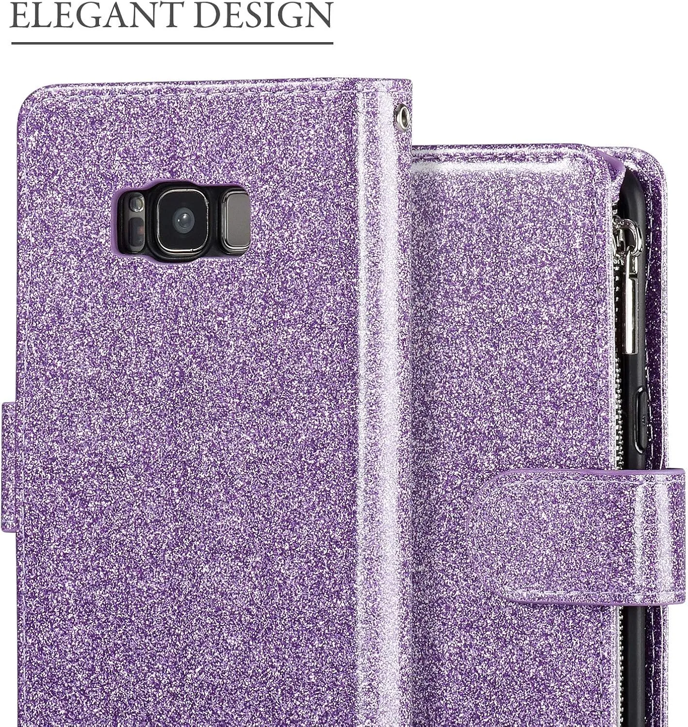 UEEBAI Wallet Case for Samsung Galaxy S8 Plus, PU Leather Case Magnetic Closure Handbag Zipper Pocket Case Kickstand Card Slots with Hand Strap Marple Flip Case for Women - Glitter Purple