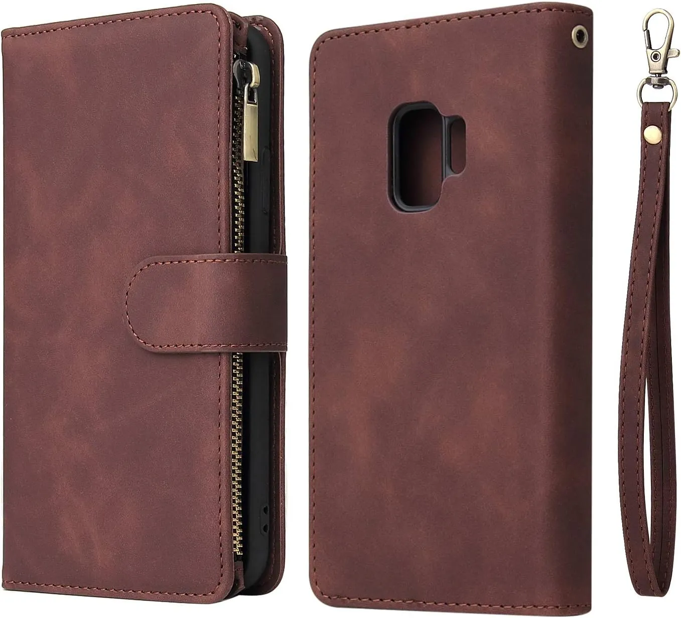 UEEBAI Wallet Case for Samsung Galaxy S9 Plus, PU Leather Case Magnetic Closure Handbag Zipper Pocket Case Kickstand Card Slots with Hand Strap Marple Flip Case for Women