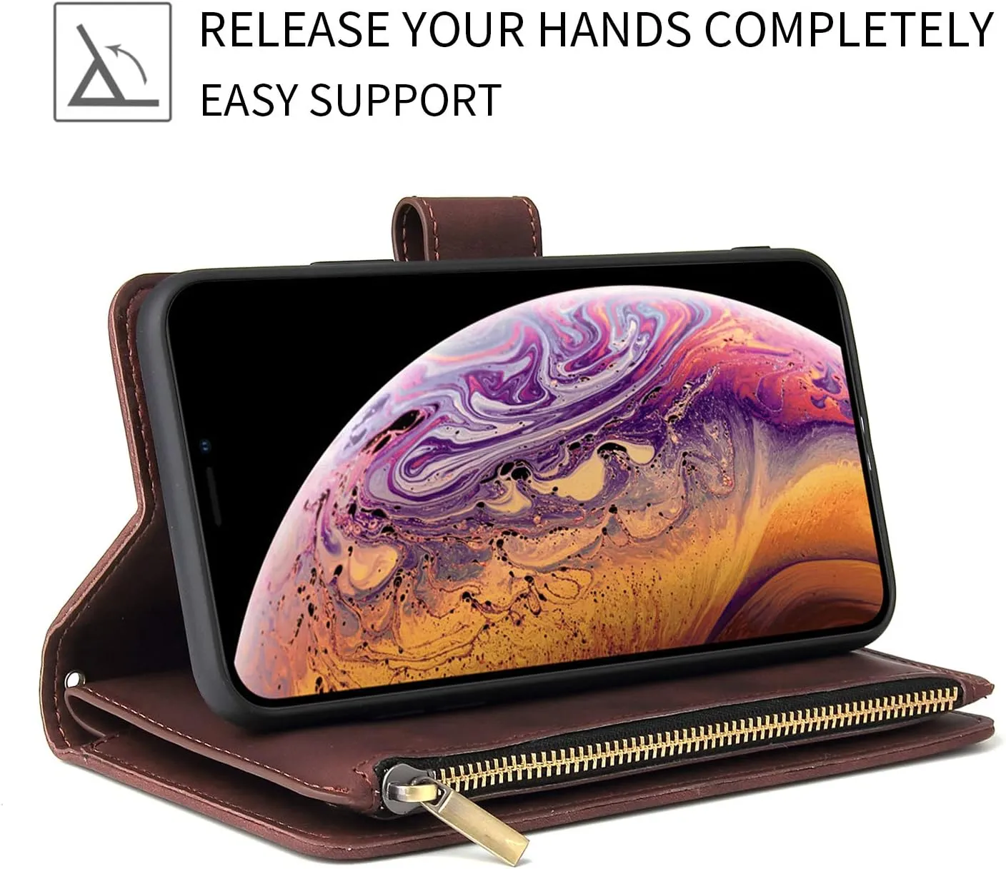 UEEBAI Wallet Case for Samsung Galaxy S9 Plus, PU Leather Case Magnetic Closure Handbag Zipper Pocket Case Kickstand Card Slots with Hand Strap Marple Flip Case for Women