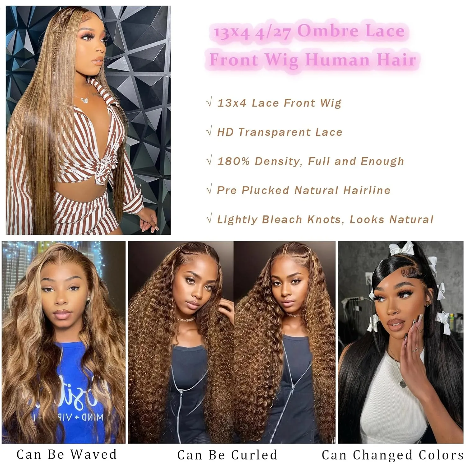 ULRICA Ombre Lace Front Wig Human Hair 26 Inch P4/27 Brown Colored Honey Blonde Wig Human Hair Wigs for Black Women Straight 13x4 HD Lace Front Wigs Human Hair Pre Plucked 180% Density Highlight Wig