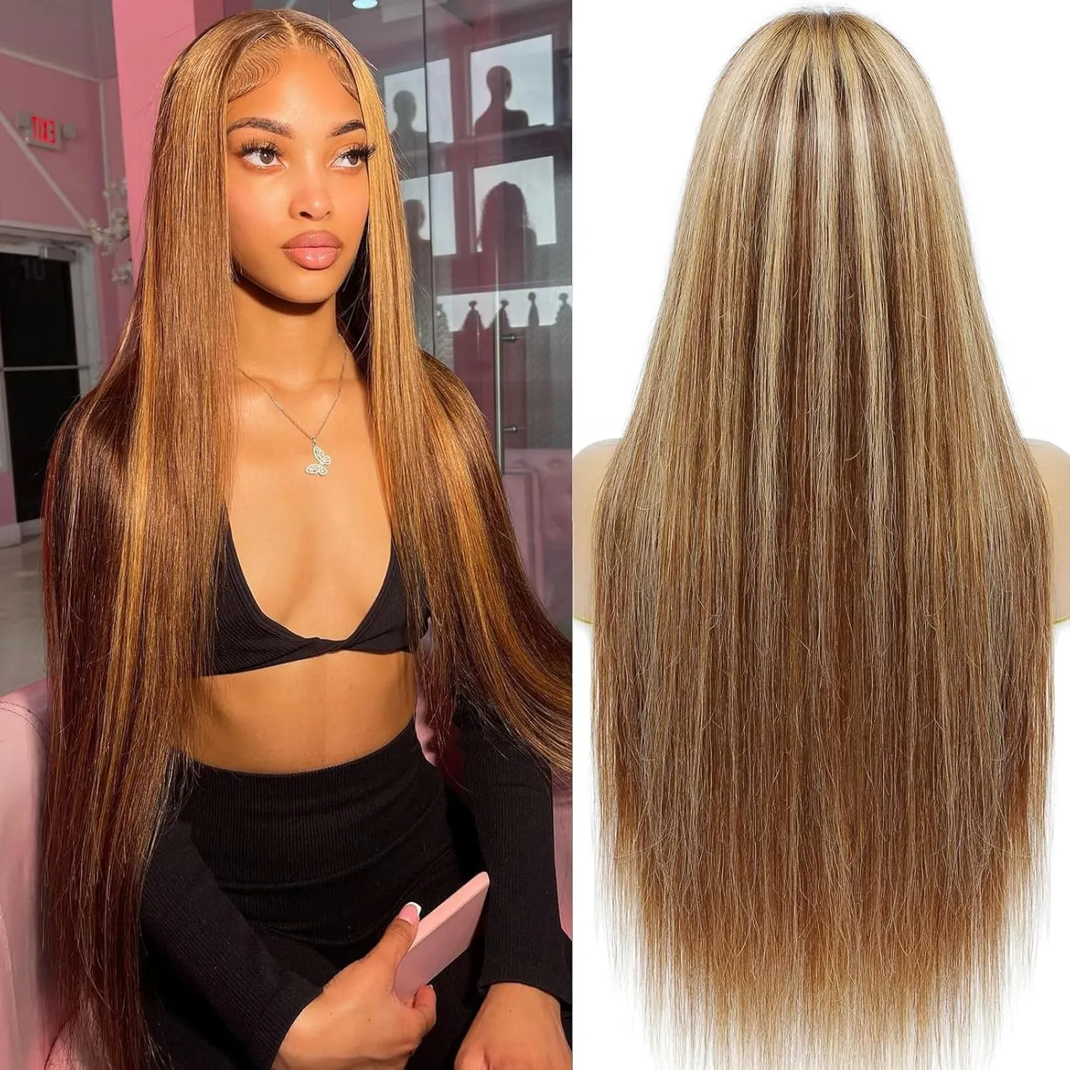 ULRICA Ombre Lace Front Wig Human Hair 26 Inch P4/27 Brown Colored Honey Blonde Wig Human Hair Wigs for Black Women Straight 13x4 HD Lace Front Wigs Human Hair Pre Plucked 180% Density Highlight Wig