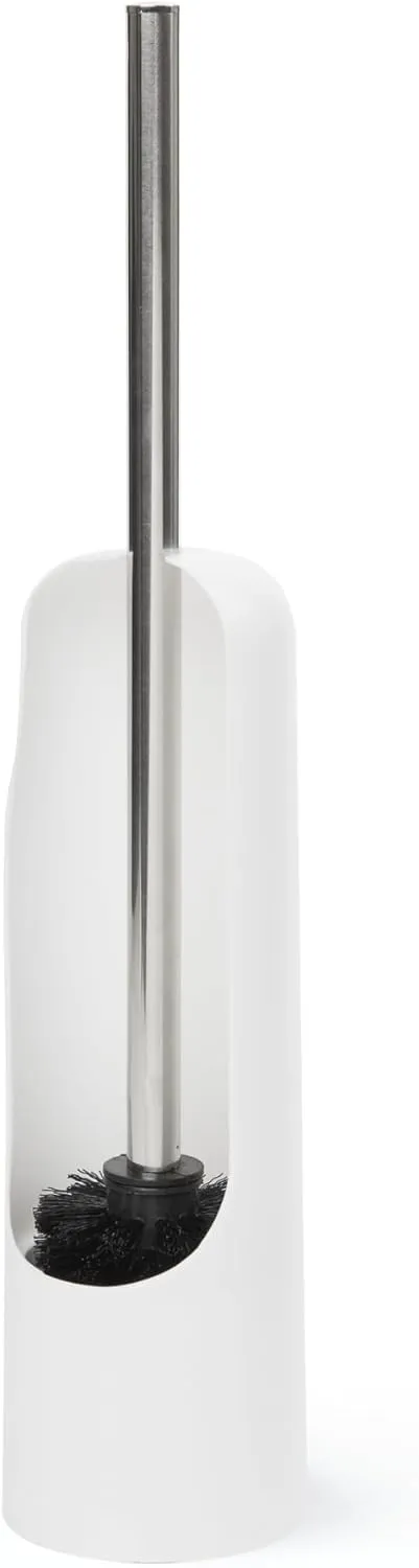 Umbra Touch Toilet Brush with Open Back Hideaway Holder – Durable, Slim, Plastic & Metal Toilet Bowl Cleaner With Rubber Finish - Soft and Dense Brush Bristles – Removes All Stubborn Stains, White
