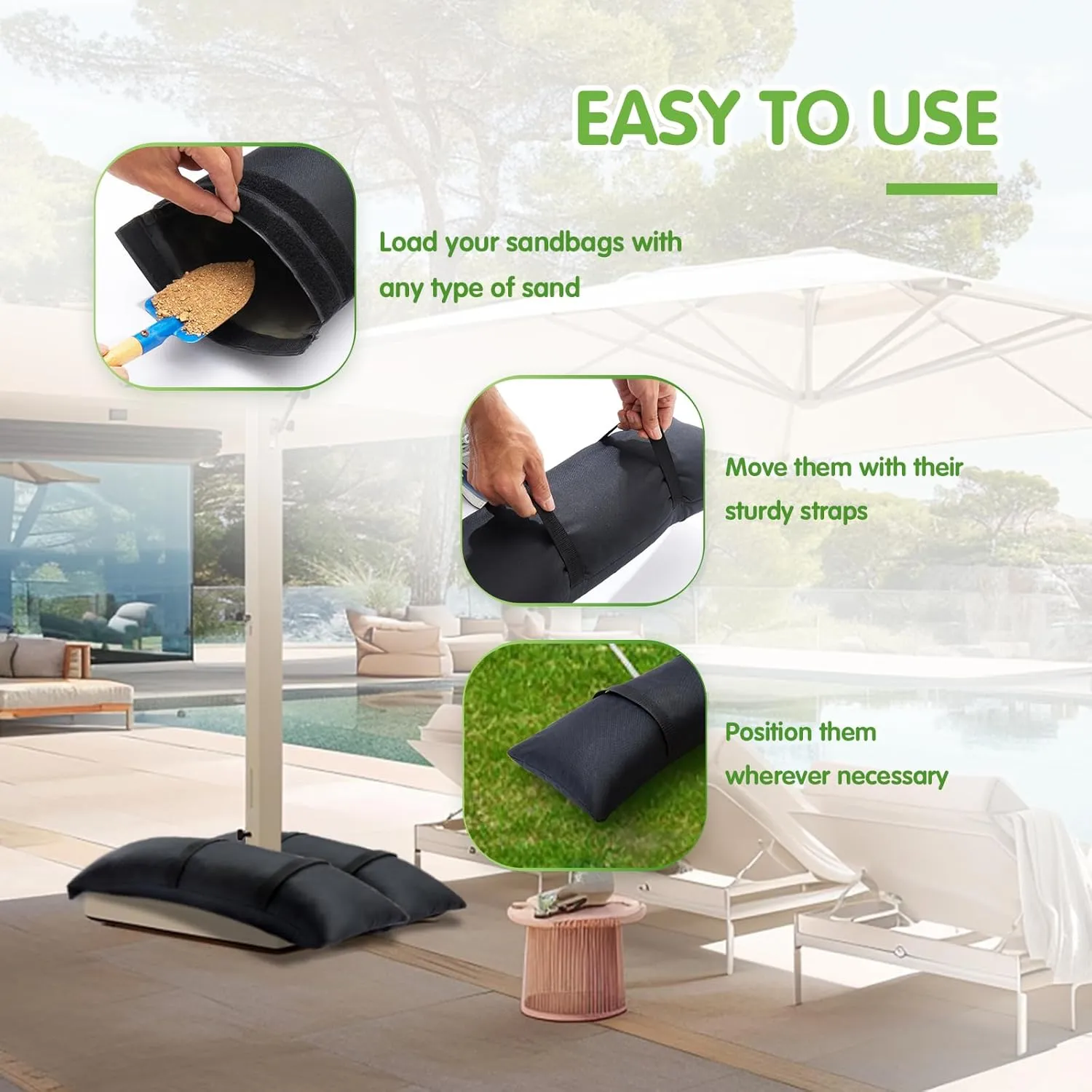 Umbrella Base Weight Sand Bags, Sand Bags for Weight, 2 x 44 LBS Fillable SandBags for Umbrella Base, Cantilever Patio Umbrella, Trampoline, Outdoor Garden Backyard Furniture(Without Sand) (2, black)