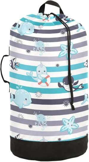 Underwater Animals Whale Stripes Laundry Bag with Shoulder Straps Large Capacity Dirty Clothes Bag for College Dorm Apartment