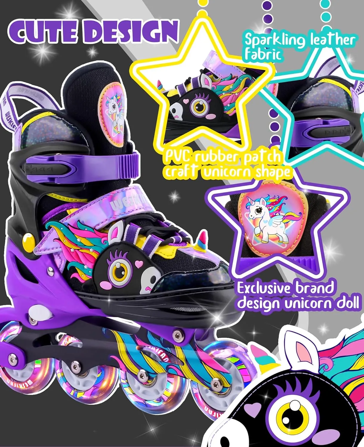 Unicorn Kids Inline Skates for Girls Women,WESKIFAN Rainbow Blades Skates with Shiny Light up Wheels&Adjustable Ages 6-8-12 Year Old, Roller Skates for Birthday Xmas Gifts Toys, Patines para Niñas