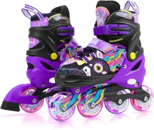 Unicorn Kids Inline Skates for Girls Women,WESKIFAN Rainbow Blades Skates with Shiny Light up Wheels&Adjustable Ages 6-8-12 Year Old, Roller Skates for Birthday Xmas Gifts Toys, Patines para Niñas