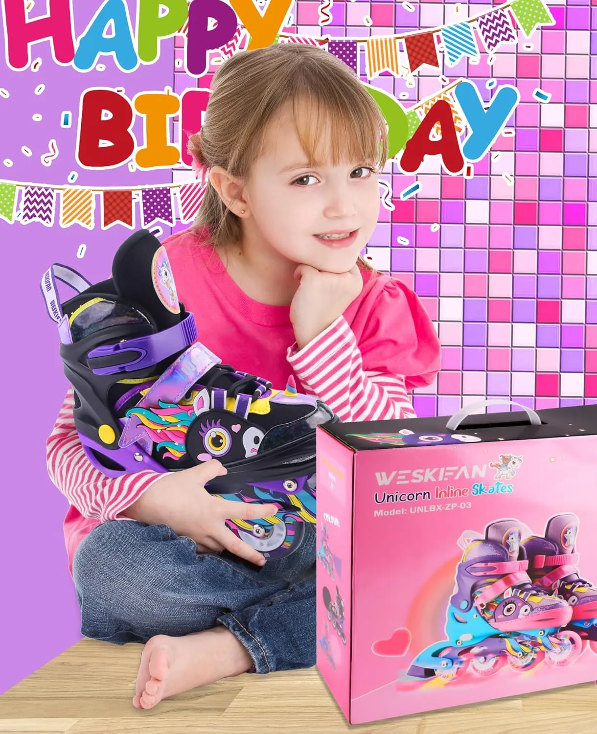 Unicorn Kids Inline Skates for Girls Women,WESKIFAN Rainbow Blades Skates with Shiny Light up Wheels&Adjustable Ages 6-8-12 Year Old, Roller Skates for Birthday Xmas Gifts Toys, Patines para Niñas