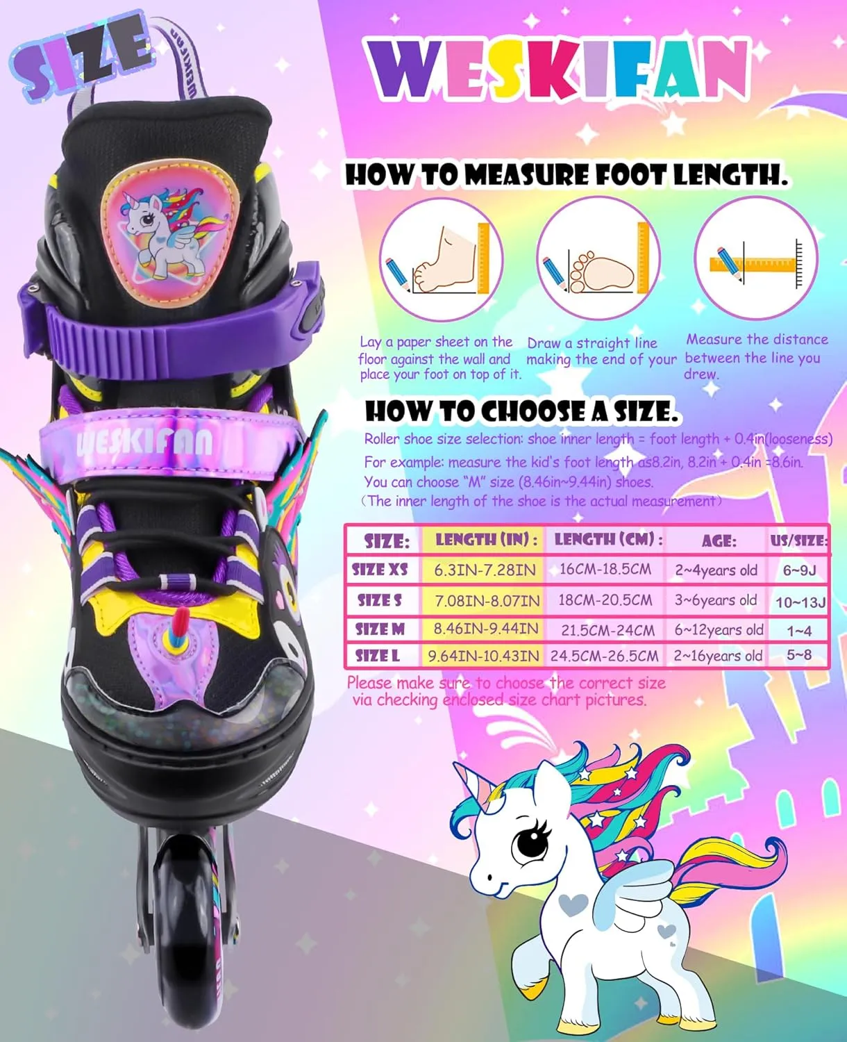 Unicorn Kids Inline Skates for Girls Women,WESKIFAN Rainbow Blades Skates with Shiny Light up Wheels&Adjustable Ages 6-8-12 Year Old, Roller Skates for Birthday Xmas Gifts Toys, Patines para Niñas