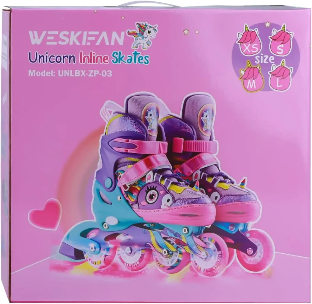 Unicorn Kids Inline Skates for Girls Women,WESKIFAN Rainbow Blades Skates with Shiny Light up Wheels&Adjustable Ages 6-8-12 Year Old, Roller Skates for Birthday Xmas Gifts Toys, Patines para Niñas