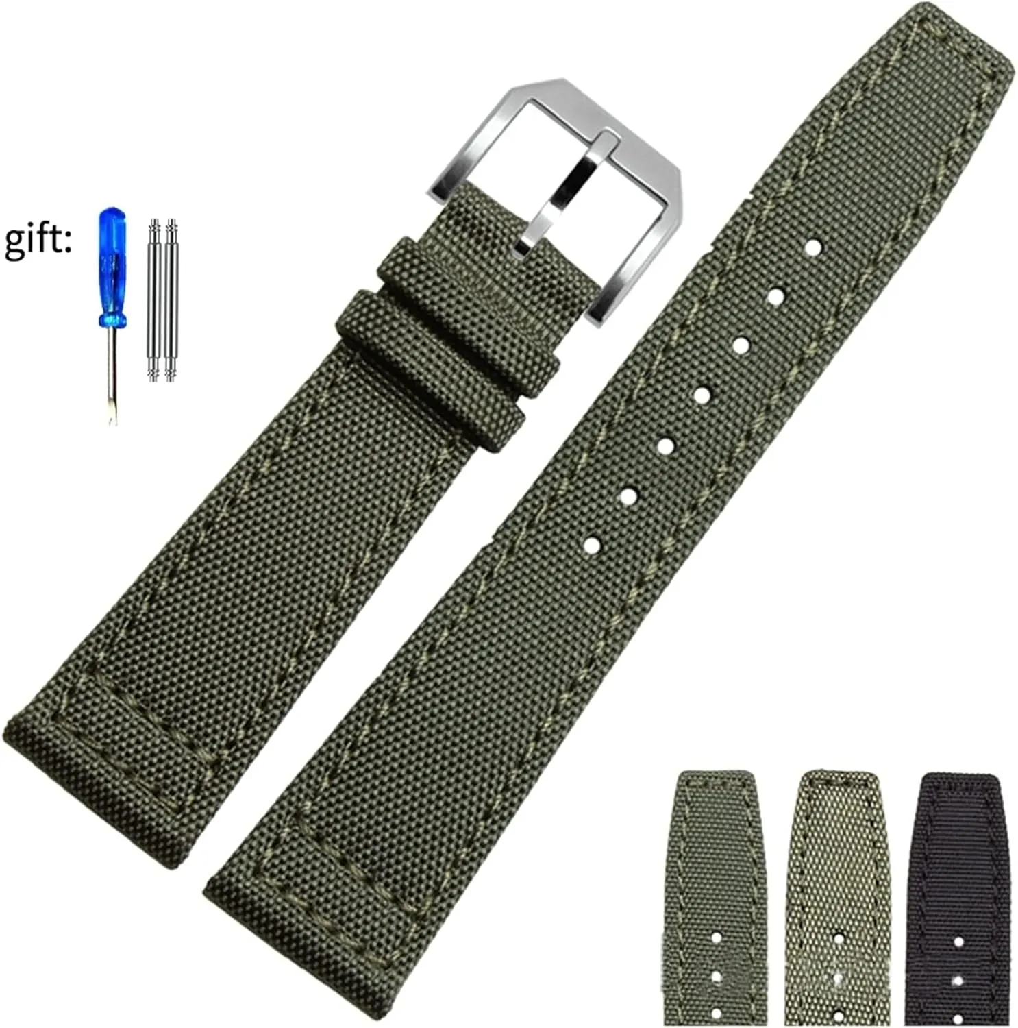 Universal Strap,20/21/22mm Men Military Sports Nylon Canvas Watchband Polished Pin Clasp Watch Bracelet Wristband(Black Silvery Clasp,22mm)