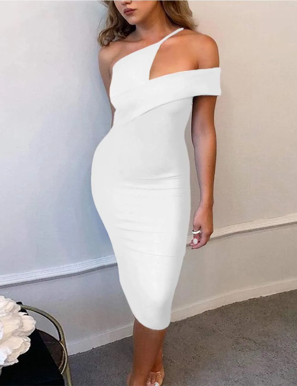 UONBOX Women's Cut Out One Shoulder Sleeveless Split Club Party Fashion Bandage Dress