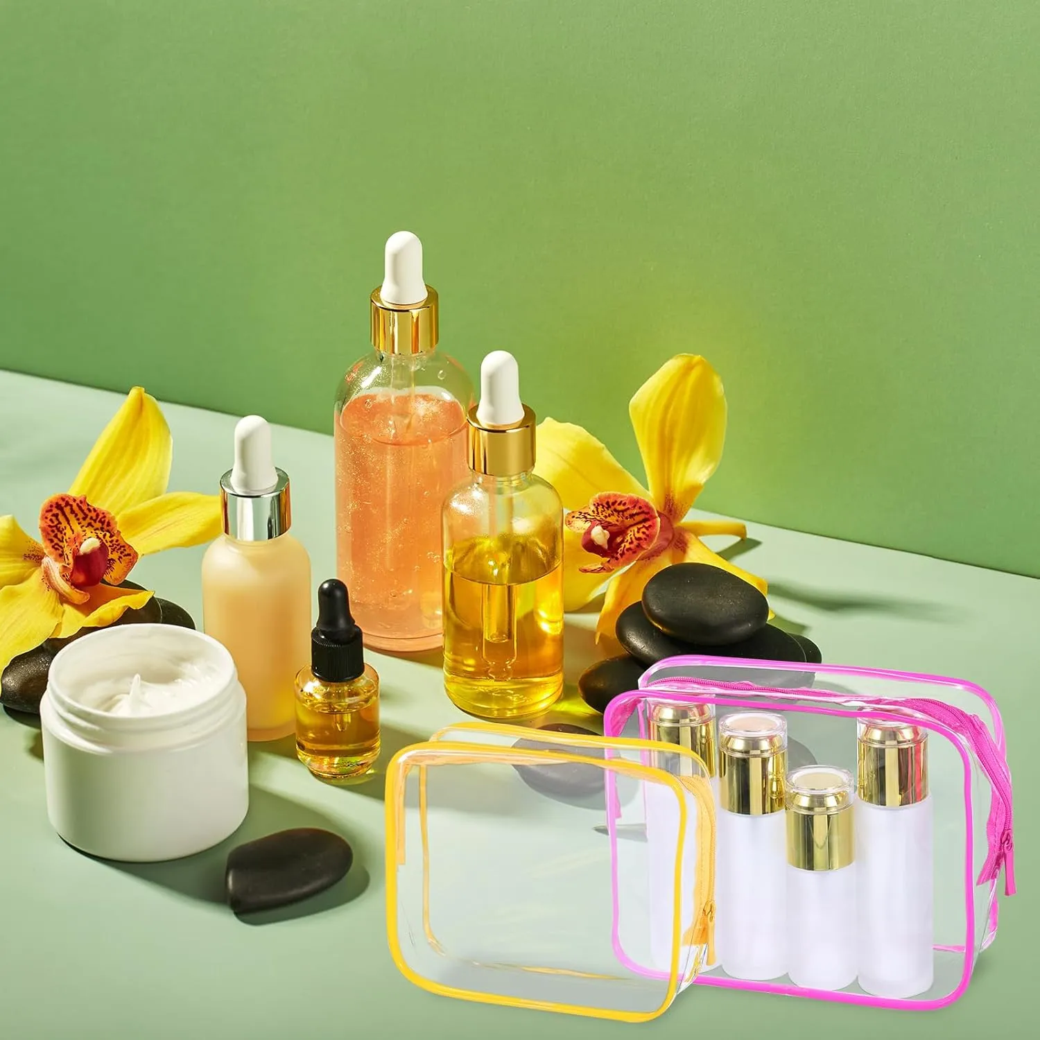 uxcell Clear Toiletry Bag, 12 Pcs PVC Transparent Makeup Bag for Women Man, Cosmetic Pouch Bags with Zipper for Travel Makeup Organizer Pouch, Green(M Size)