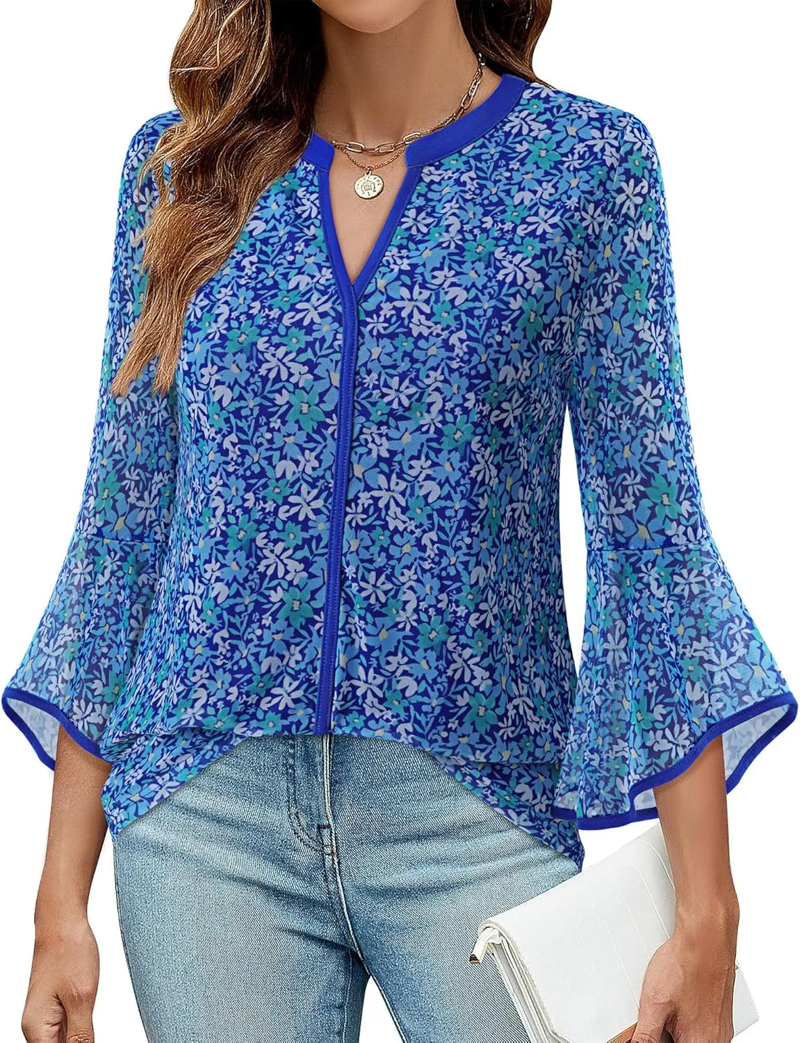 VALOLIA Women's 3/4 Sleeve Dressy Blouses Shirts Casual Loose Fit Mesh Layered Flowy Tunic Tops