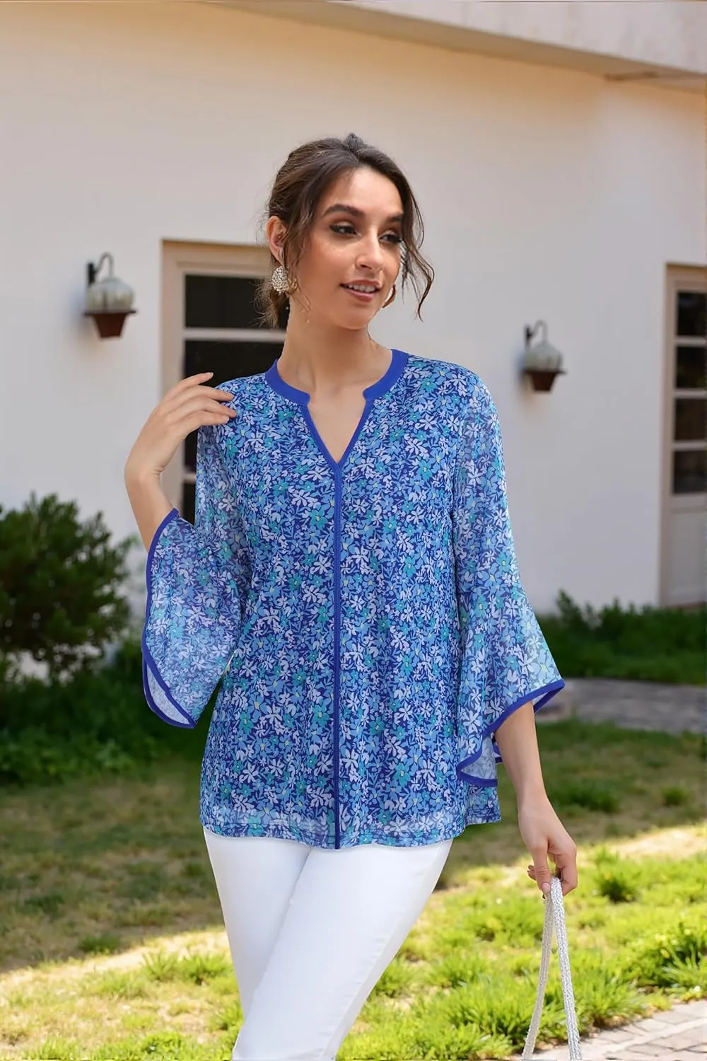 VALOLIA Women's 3/4 Sleeve Dressy Blouses Shirts Casual Loose Fit Mesh Layered Flowy Tunic Tops