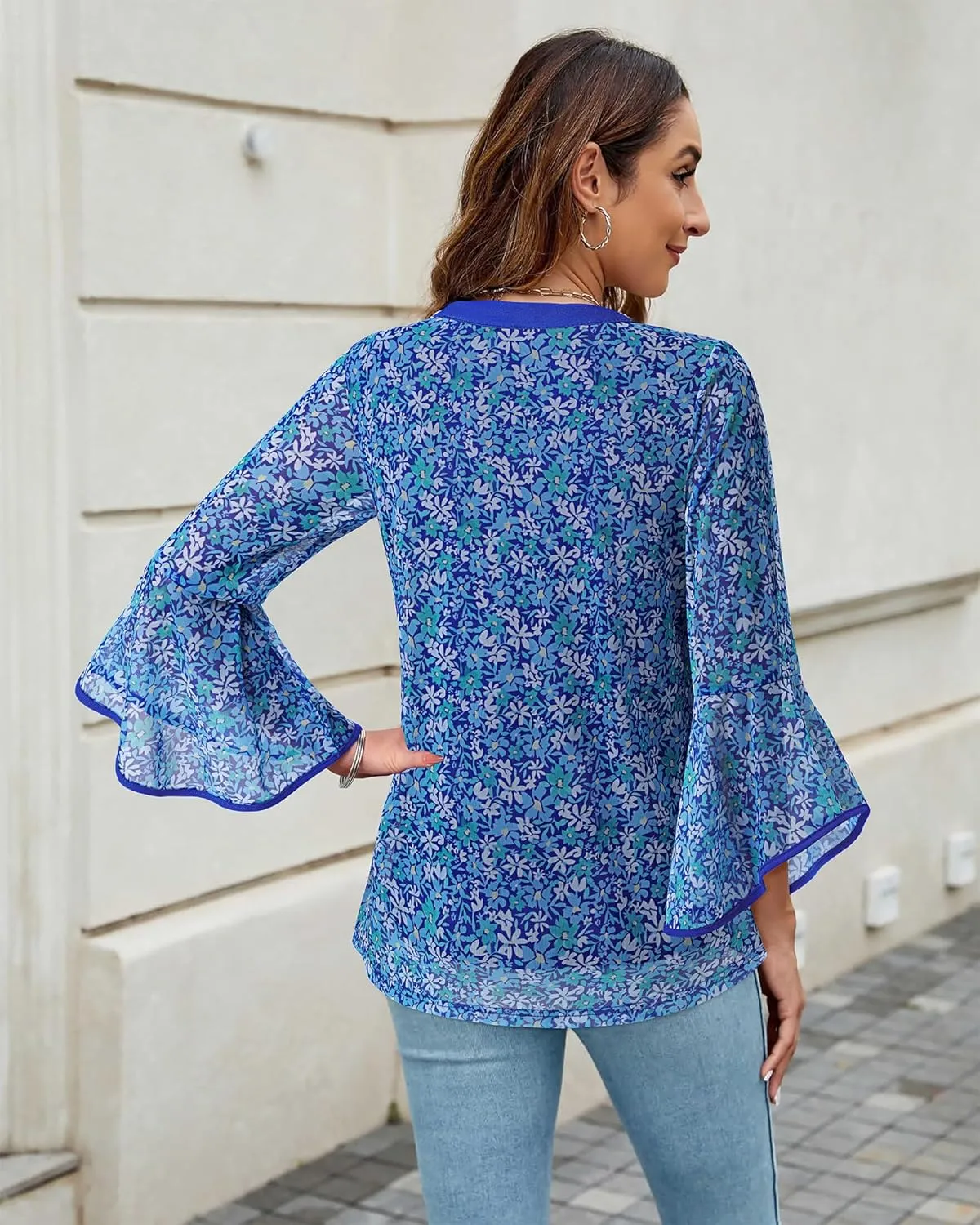 VALOLIA Women's 3/4 Sleeve Dressy Blouses Shirts Casual Loose Fit Mesh Layered Flowy Tunic Tops