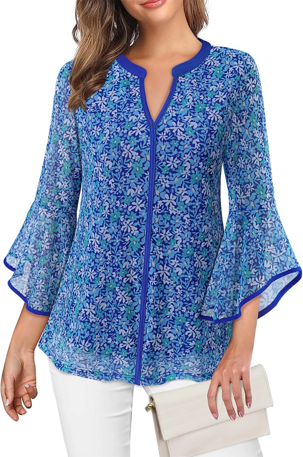 VALOLIA Women's 3/4 Sleeve Dressy Blouses Shirts Casual Loose Fit Mesh Layered Flowy Tunic Tops
