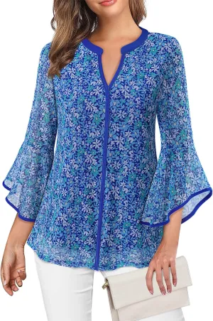 VALOLIA Women's 3/4 Sleeve Dressy Blouses Shirts Casual Loose Fit Mesh Layered Flowy Tunic Tops
