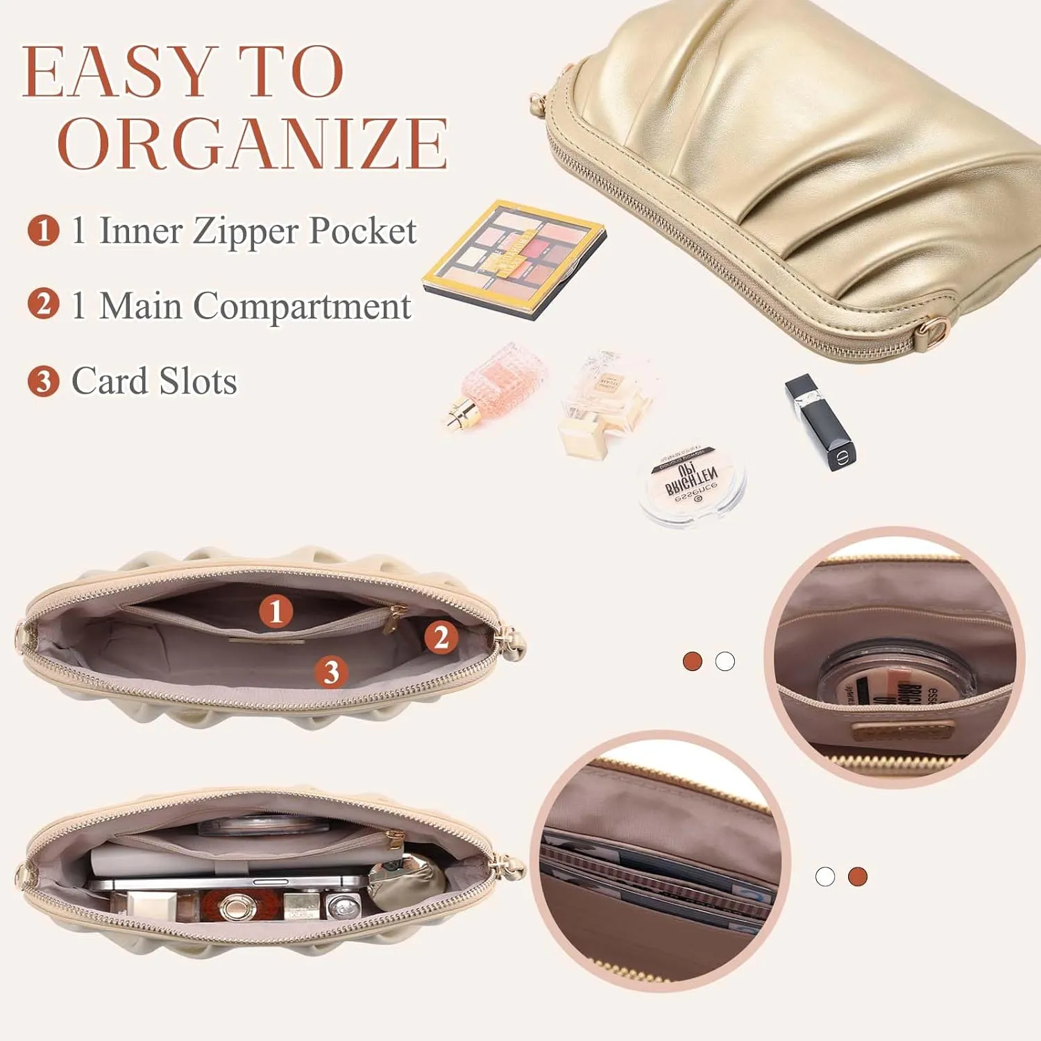 VASCHY Clutch Purse for Women,Fashion Ruched Vegan Leather Small Formal Evening Handbag Crossbody Shoulder Bag Wedding,Party