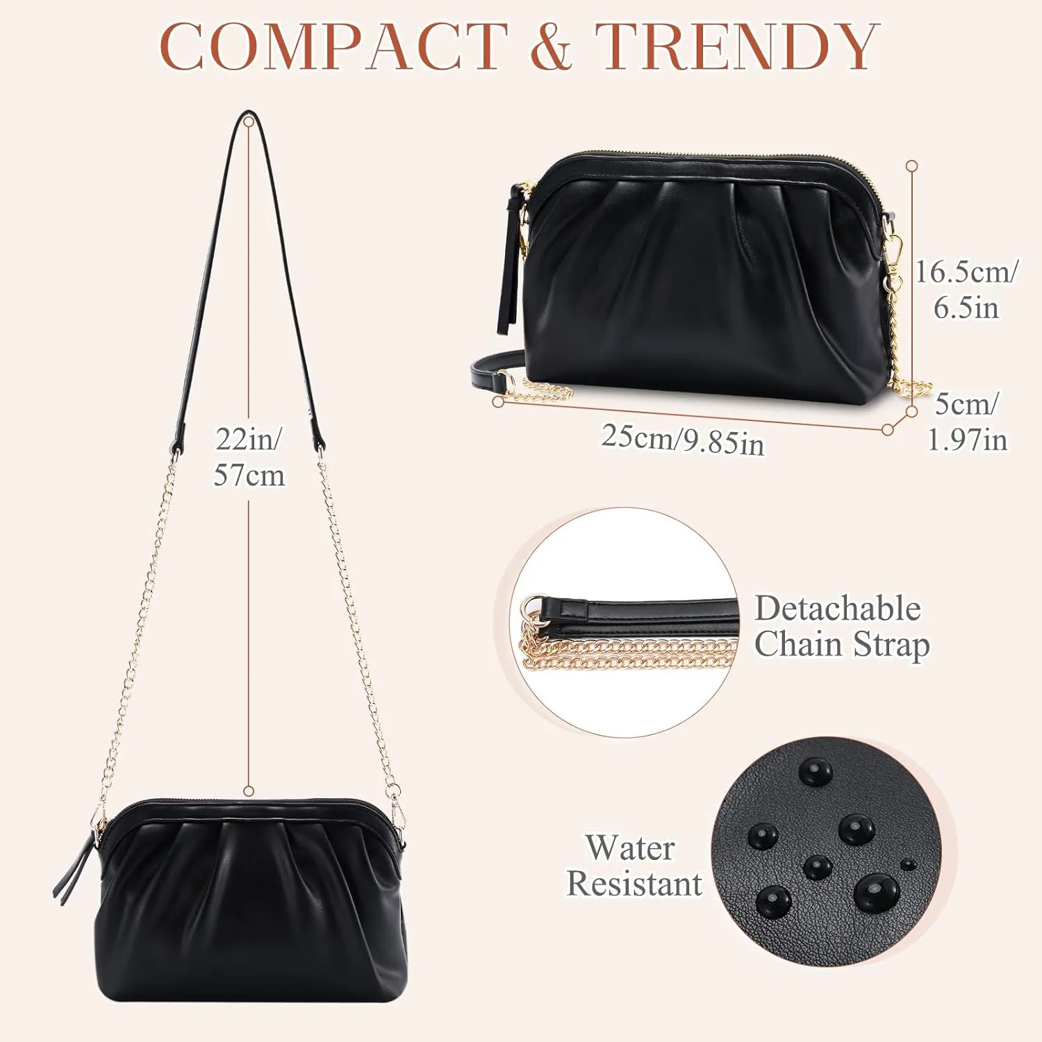 VASCHY Clutch Purse for Women,Fashion Ruched Vegan Leather Small Formal Evening Handbag Crossbody Shoulder Bag Wedding,Party