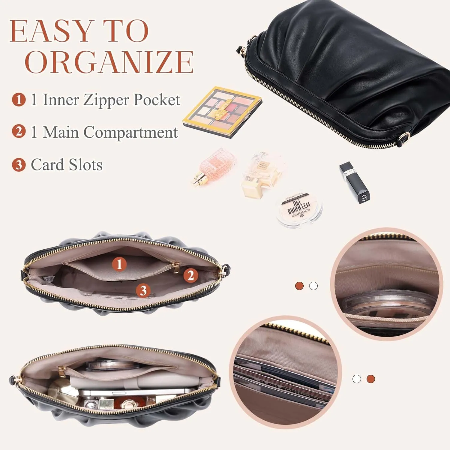 VASCHY Clutch Purse for Women,Fashion Ruched Vegan Leather Small Formal Evening Handbag Crossbody Shoulder Bag Wedding,Party