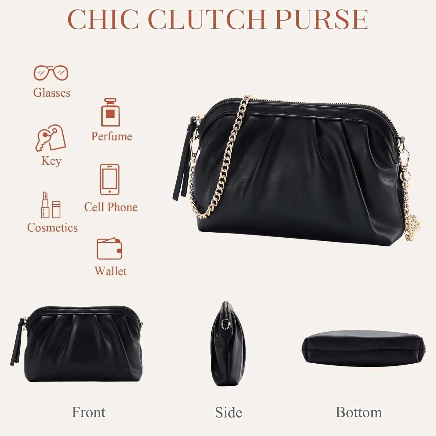 VASCHY Clutch Purse for Women,Fashion Ruched Vegan Leather Small Formal Evening Handbag Crossbody Shoulder Bag Wedding,Party
