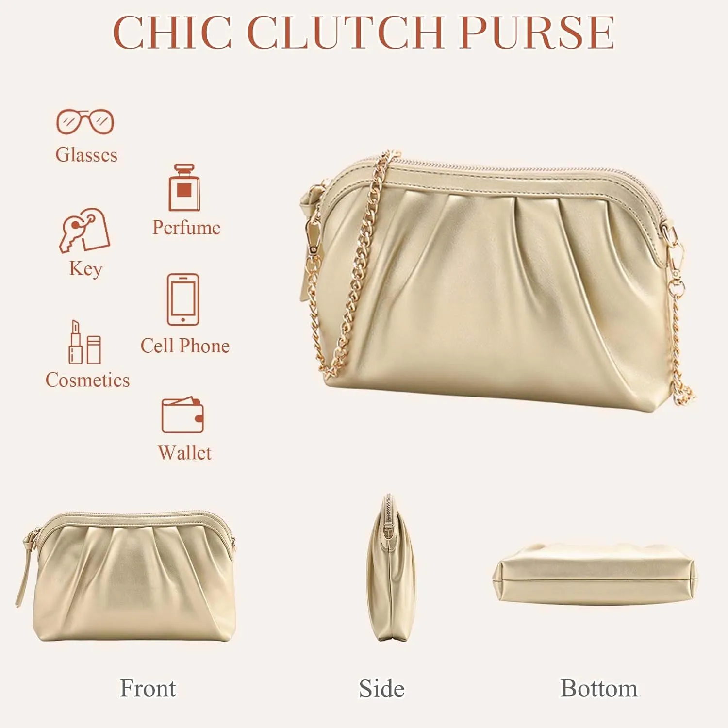 VASCHY Clutch Purse for Women,Fashion Ruched Vegan Leather Small Formal Evening Handbag Crossbody Shoulder Bag Wedding,Party