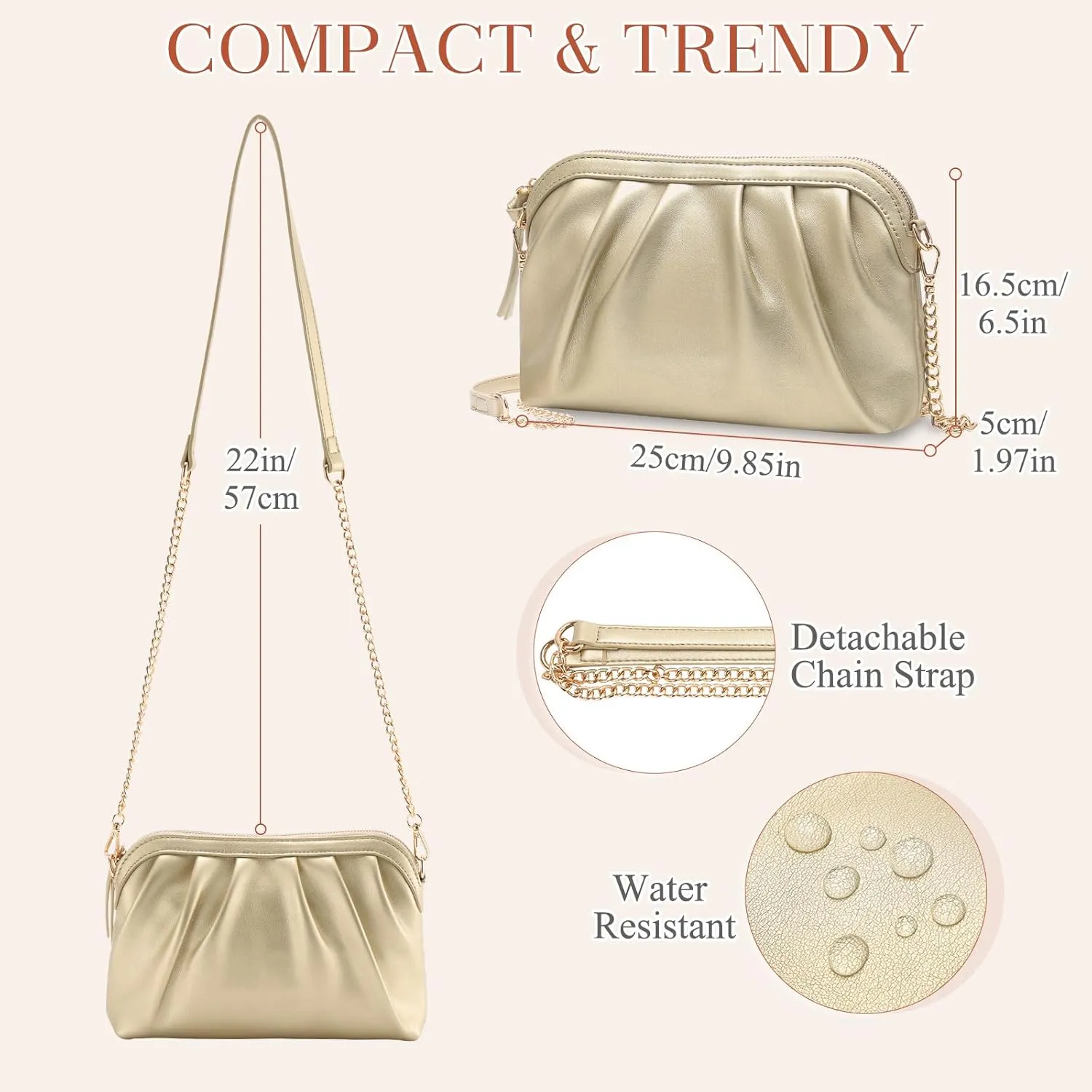 VASCHY Clutch Purse for Women,Fashion Ruched Vegan Leather Small Formal Evening Handbag Crossbody Shoulder Bag Wedding,Party