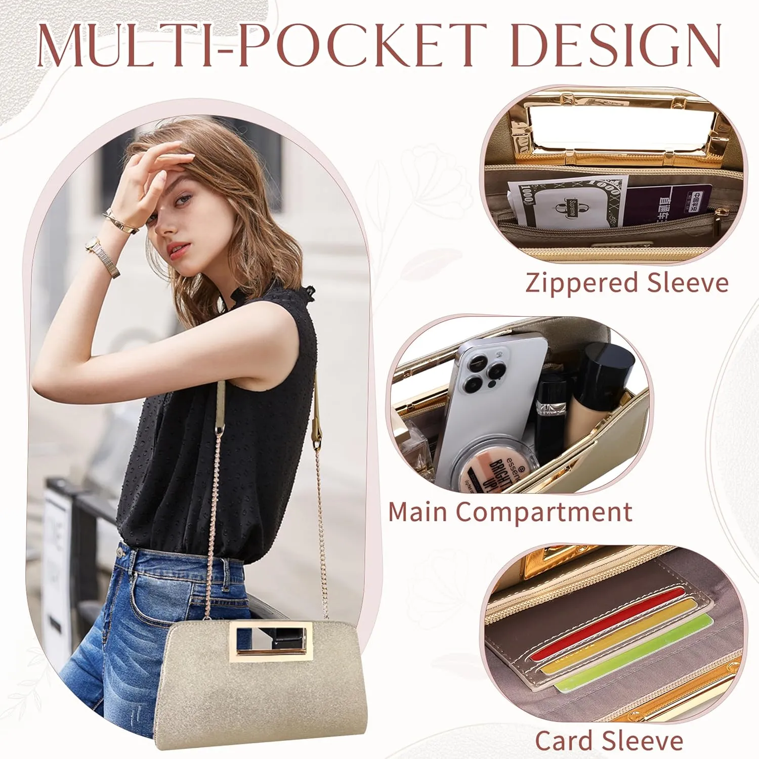 VASCHY Clutch Purse for Women,Fashion Vegan Leather Cut-Out Handle Evening Handbag Crossbody Shoulder Bag for Wedding,Party