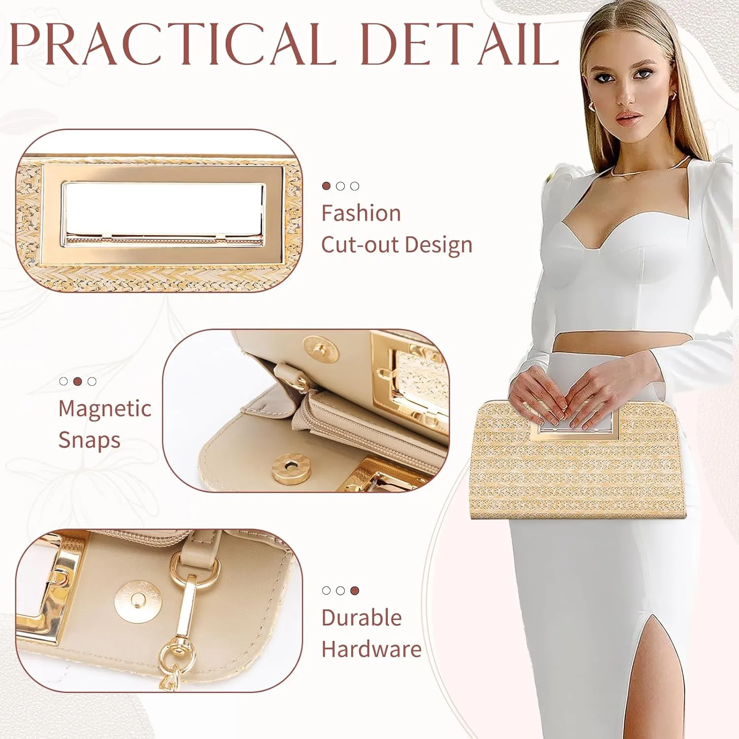 VASCHY Clutch Purse for Women,Fashion Vegan Leather Cut-Out Handle Evening Handbag Crossbody Shoulder Bag for Wedding,Party