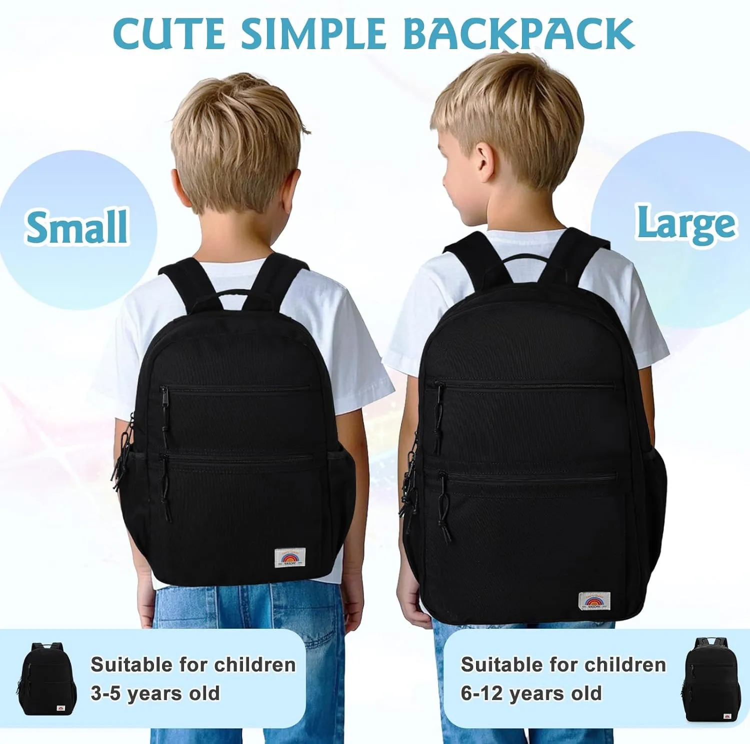 VASCHY Toddler Backpack, Boys Lightweight Plain Color-block Small Kids Backpack Bookbag for Preschool/Kindergarten/Daycare/Travel Black