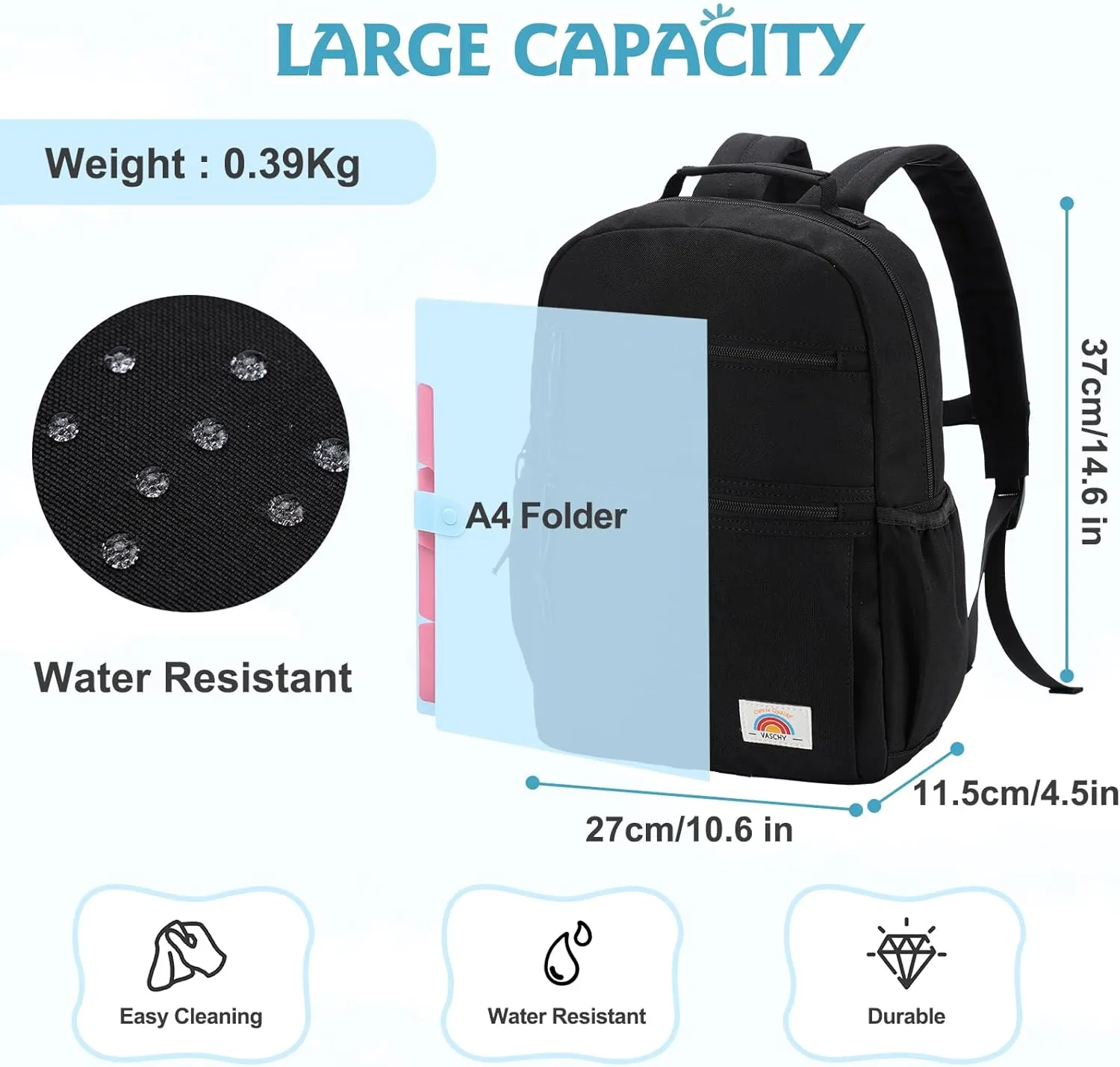 VASCHY Toddler Backpack, Boys Lightweight Plain Color-block Small Kids Backpack Bookbag for Preschool/Kindergarten/Daycare/Travel Black