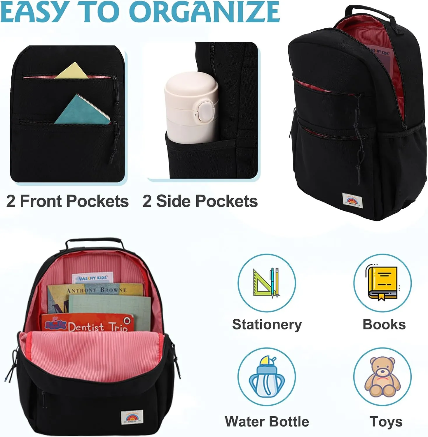 VASCHY Toddler Backpack, Boys Lightweight Plain Color-block Small Kids Backpack Bookbag for Preschool/Kindergarten/Daycare/Travel Black