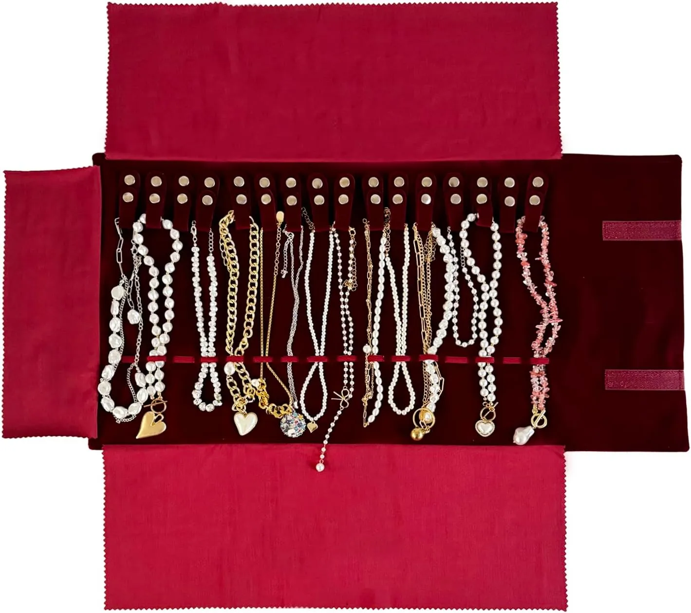 Velvet Travel Jewelry Roll Bag Organizer for Necklace, Elastic Band and Anti-winding, Burgundy