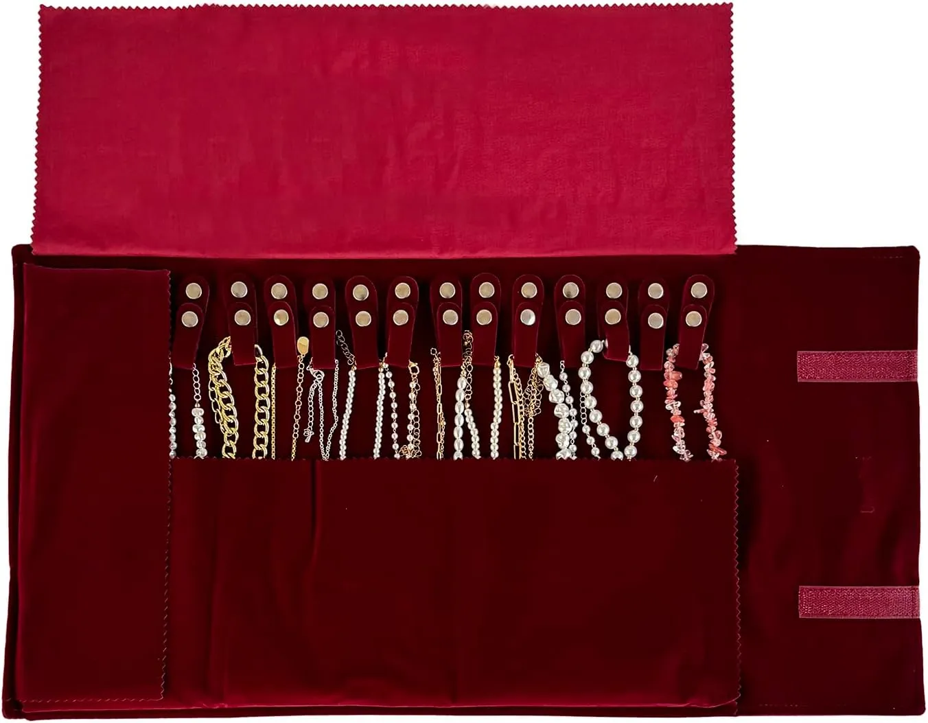 Velvet Travel Jewelry Roll Bag Organizer for Necklace, Elastic Band and Anti-winding, Burgundy