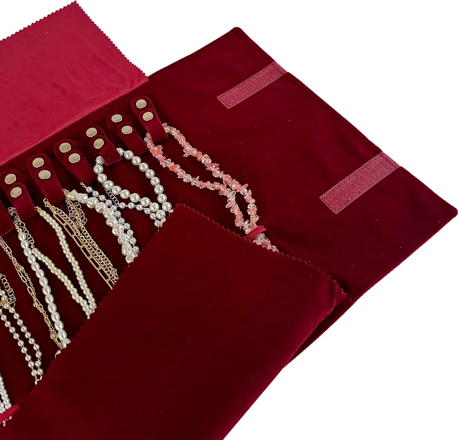 Velvet Travel Jewelry Roll Bag Organizer for Necklace, Elastic Band and Anti-winding, Burgundy