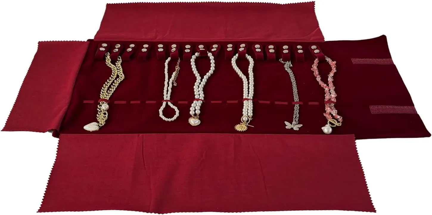 Velvet Travel Jewelry Roll Bag Organizer for Necklace, Elastic Band and Anti-winding, Burgundy