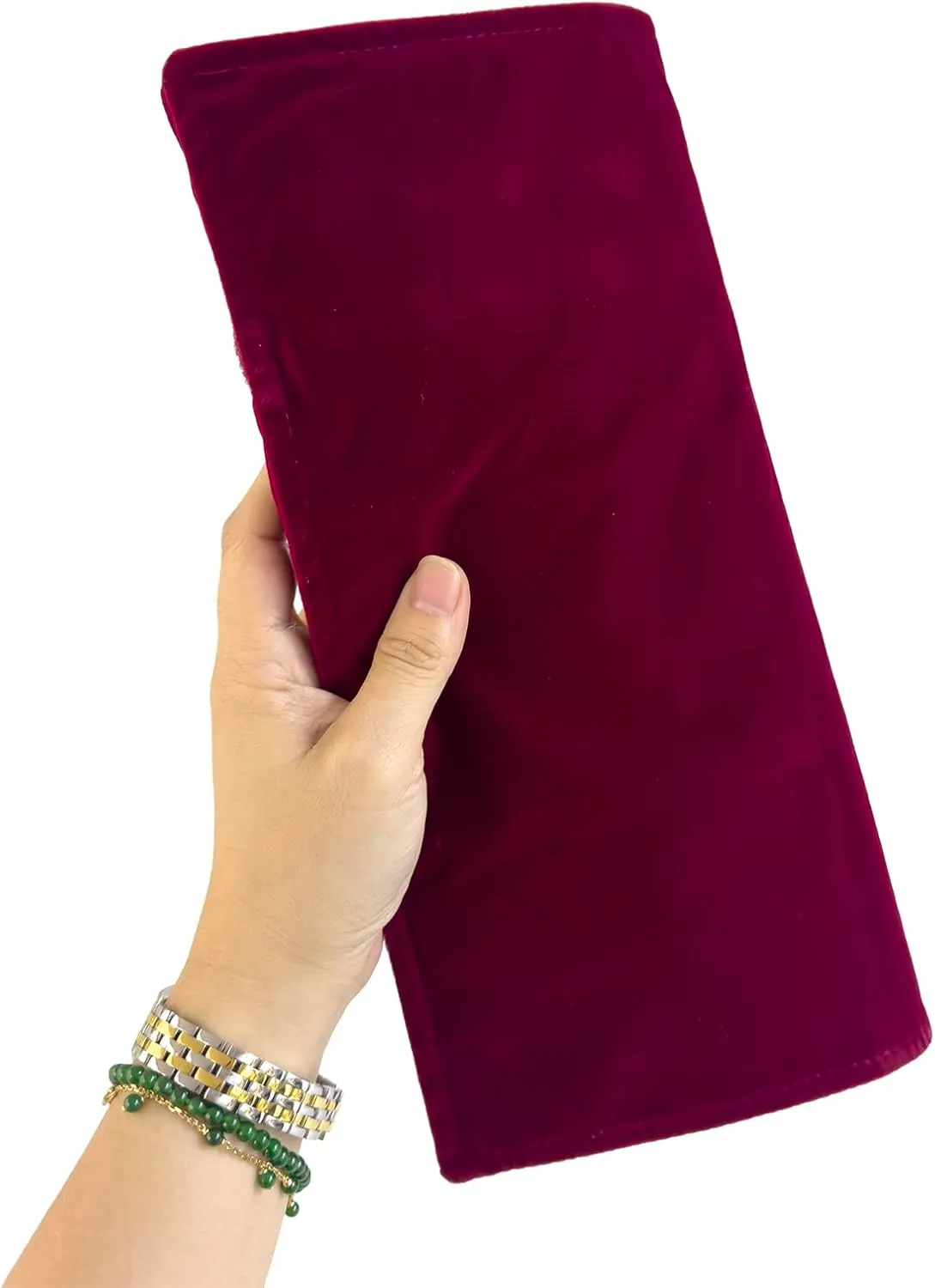 Velvet Travel Jewelry Roll Bag Organizer for Necklace, Elastic Band and Anti-winding, Burgundy