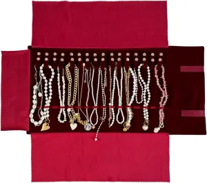Velvet Travel Jewelry Roll Bag Organizer for Necklace, Elastic Band and Anti-winding, Burgundy