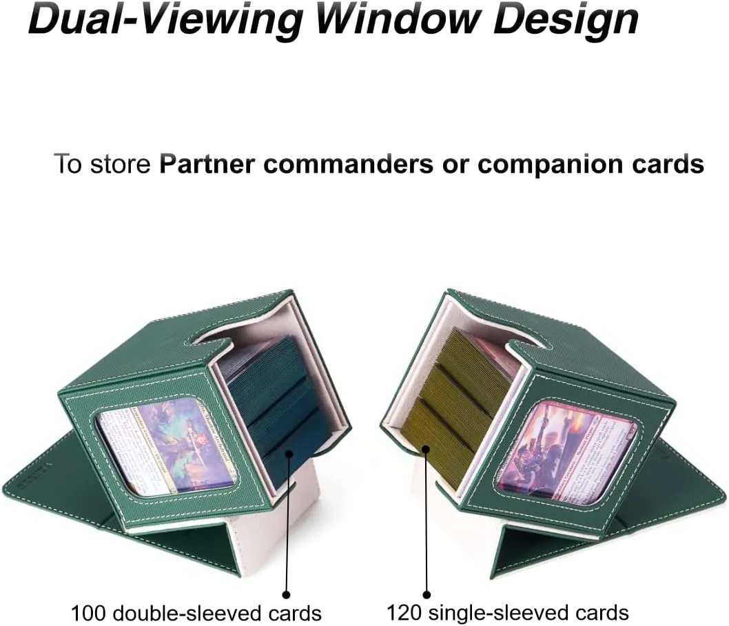Venssu MTG Deck Box for Commander Card Display,2 windows Card Deck Case Fits 100 Double Sleeved Cards, TCG Storage Box with 2 Dividers,2 Toploaders and 1 Dice Pouch (Green and White)