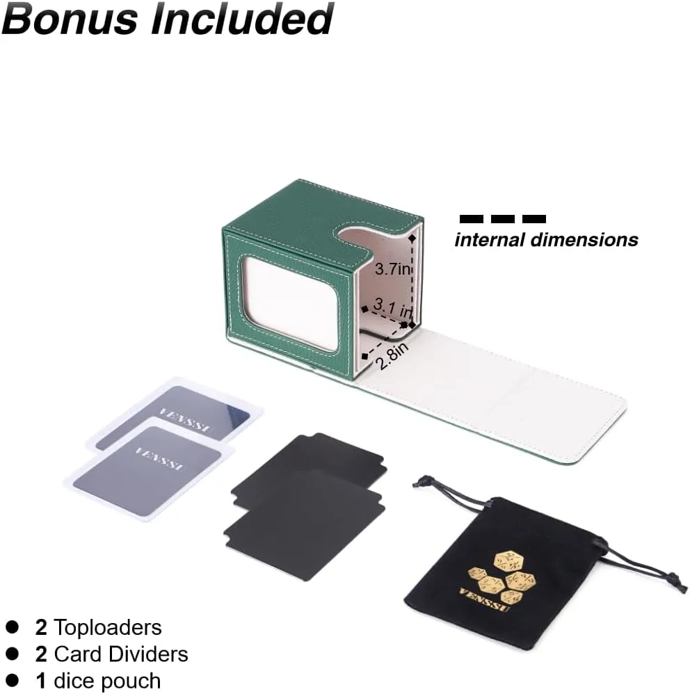 Venssu MTG Deck Box for Commander Card Display,2 windows Card Deck Case Fits 100 Double Sleeved Cards, TCG Storage Box with 2 Dividers,2 Toploaders and 1 Dice Pouch (Green and White)