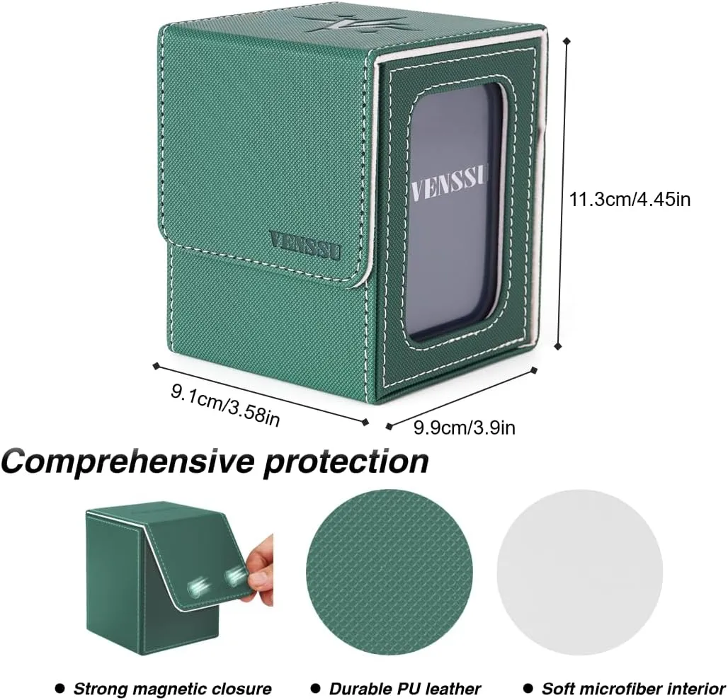 Venssu MTG Deck Box for Commander Card Display,2 windows Card Deck Case Fits 100 Double Sleeved Cards, TCG Storage Box with 2 Dividers,2 Toploaders and 1 Dice Pouch (Green and White)