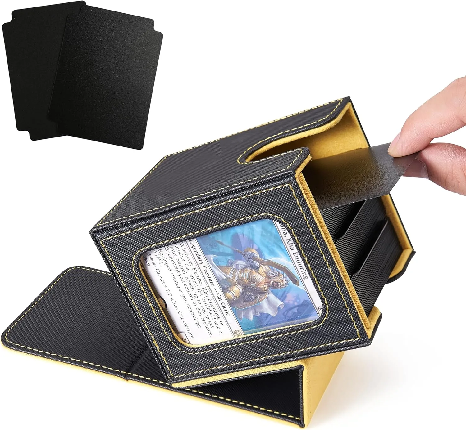 Venssu MTG Deck Box for Commander Display, Fits 100 Double Sleeved Cards, TCG Card Storage Box (Black and Yellow, 1 Window)