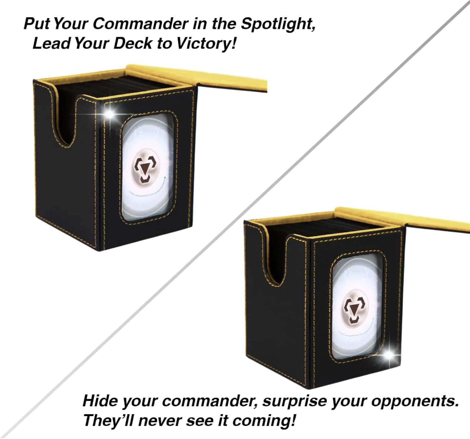 Venssu MTG Deck Box for Commander Display, Fits 100 Double Sleeved Cards, TCG Card Storage Box (Black and Yellow, 1 Window)