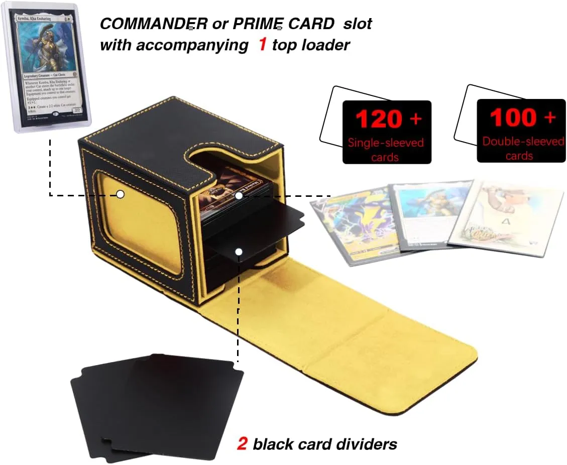 Venssu MTG Deck Box for Commander Display, Fits 100 Double Sleeved Cards, TCG Card Storage Box (Black and Yellow, 1 Window)