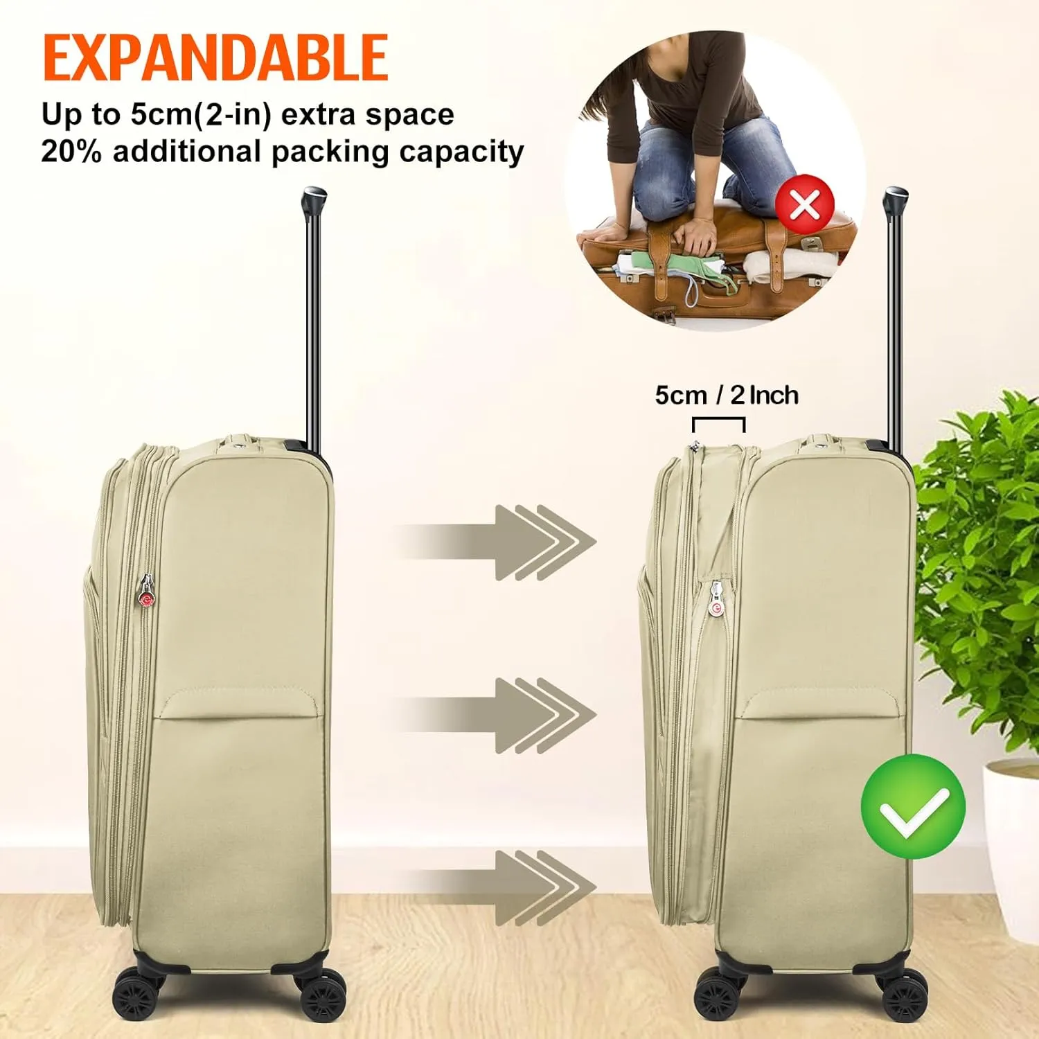 Verdi Softside Expandable 28 Inch Luggage with Spinner Wheels Lightweight Large Suitcase (Khaki, Checked-Large 28-Inch)