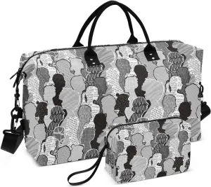 VIGTRO Travel Duffel Bag Weekender Overnight Bag with Toiletry Bag Abstract Gray People Crowd Printed, Carry On Luggage Bag for Hospital Gym Travel Business, 2 Pcs Set