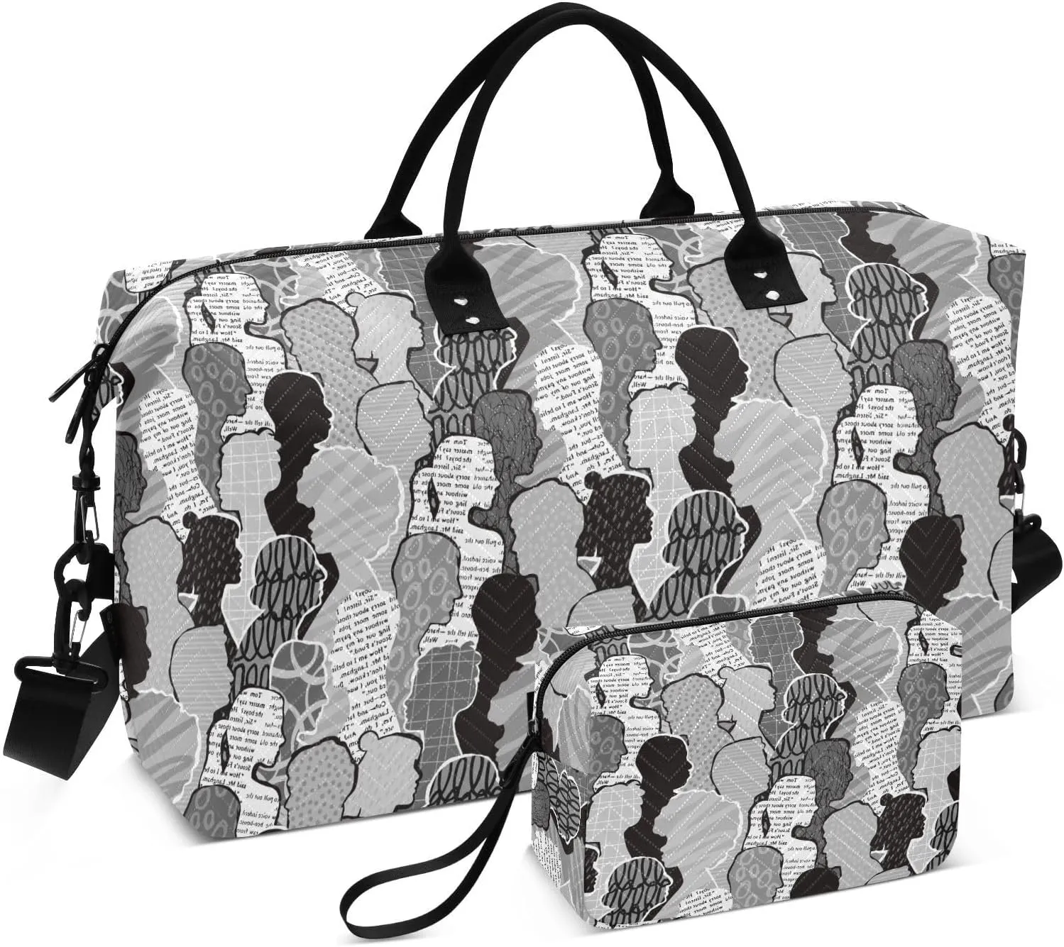 VIGTRO Travel Duffel Bag Weekender Overnight Bag with Toiletry Bag Abstract Gray People Crowd Printed, Carry On Luggage Bag for Hospital Gym Travel Business, 2 Pcs Set
