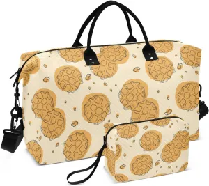 VIGTRO Travel Duffel Bag Weekender Overnight Bag with Toiletry Bag Cartoon Butter Waffle Pattern Printed, Carry On Luggage Bag for Hospital Gym Travel Business, 2 Pcs Set