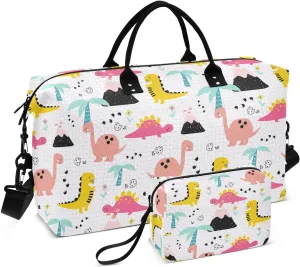 VIGTRO Travel Duffel Bag Weekender Overnight Bag with Toiletry Bag Childish Dinosaur Footprint Printed, Carry On Luggage Bag Summer Palmtree for Hospital Gym Travel Business, 2 Pcs Set